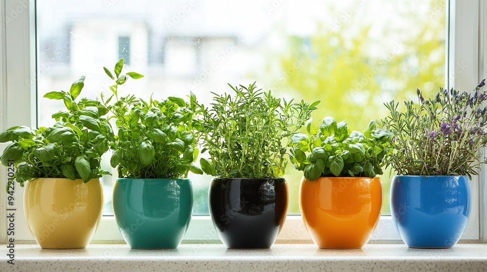 A row of potted plants sits atop a window sill, facing the window A row of potted plants sits atop a window sill, facing the window