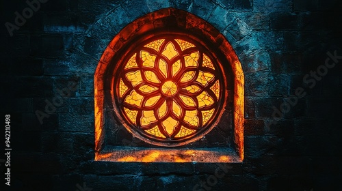   A close-up photo of a stained glass window on a stone wall, with a flower motif on the window sill