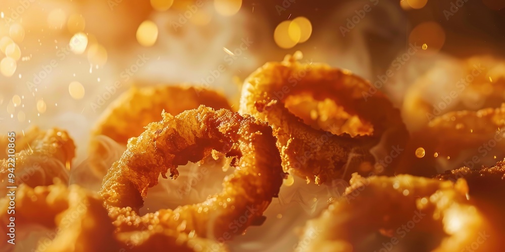 Tilted camera shot of delicious crispy fried onion rings Tilted camera shot of delicious crispy fried onion rings