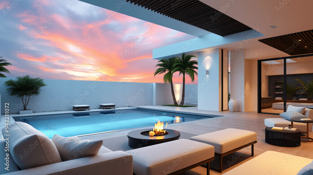 Fototapeta premium luxurious home, outdoor living concept with private oasis, modern minimalist architecture design, backyard swimming pool and palm trees