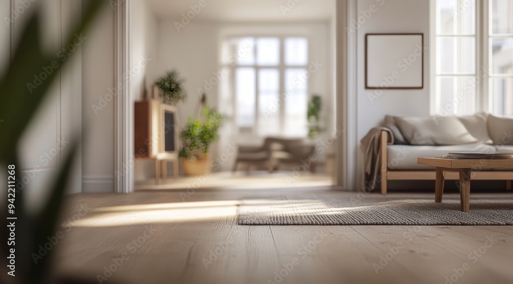Fototapeta premium A cozy Scandinavian interior design featuring an abundance of soft textures, inviting natural wood materials, and countless beams of sunlight creating a warm and welcoming atmosphere in your home