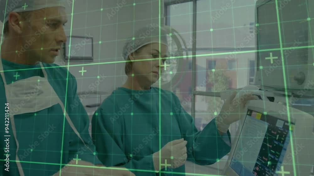 Medical professionals examining patient data, grid and crosshair ...
