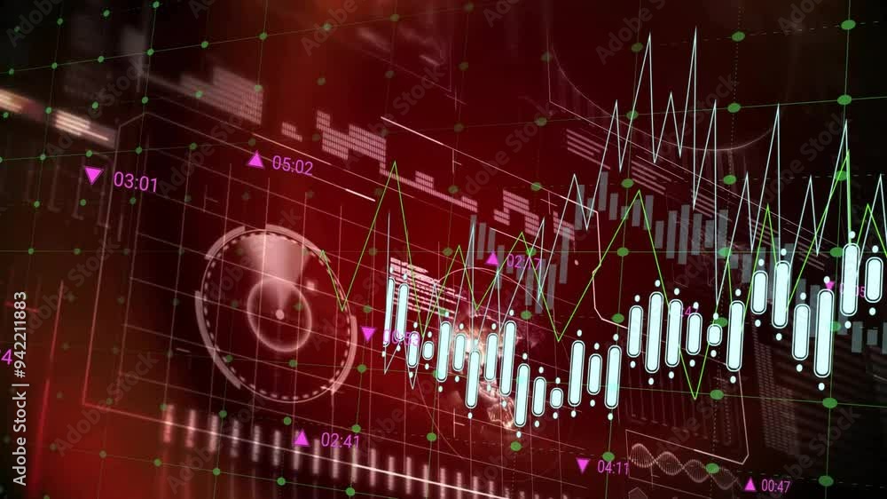 Animating financial data charts and graphs over red background with various indicators