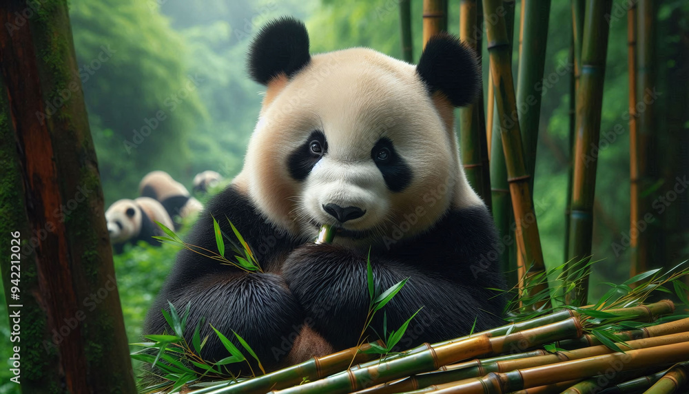 Obraz premium Close-Up a Cute Panda Cub Eating Bamboo in Lush Green Forest Illustration. Generative AI.