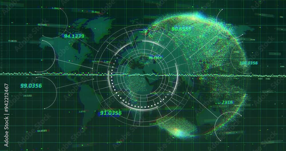 Digital world map and data visualization animation over green grid ...