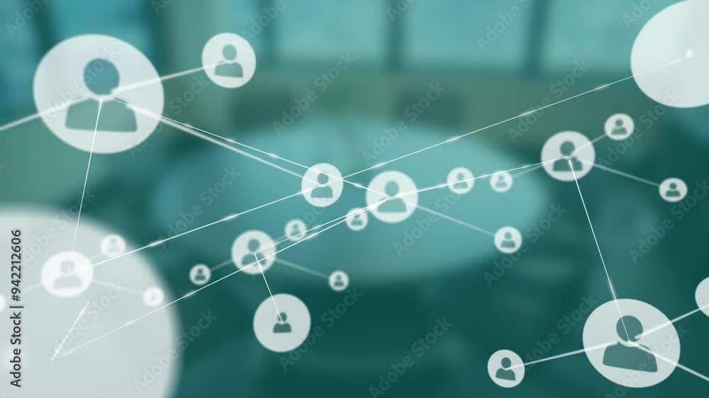 Network of connected user icons animation over blurred office background Network of connected user icons animation over blurred office background