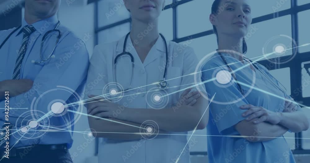Crossed arms, medical professionals standing over network connections animation Crossed arms, medical professionals standing over network connections animation
