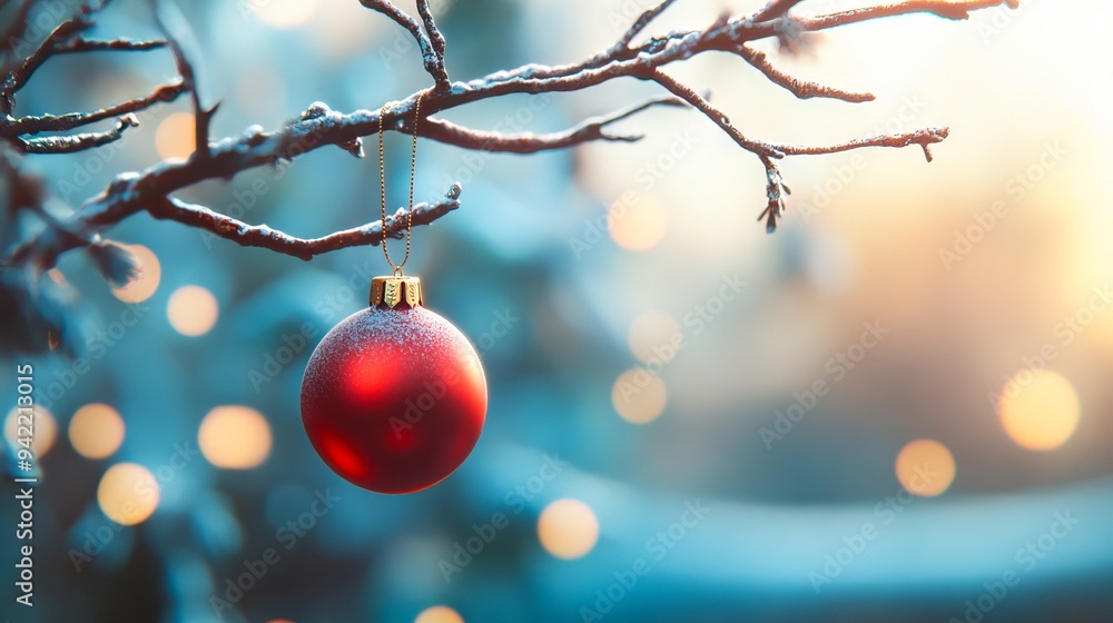 A red christmas ornament hanging from a tree branch A red christmas ornament hanging from a tree branch