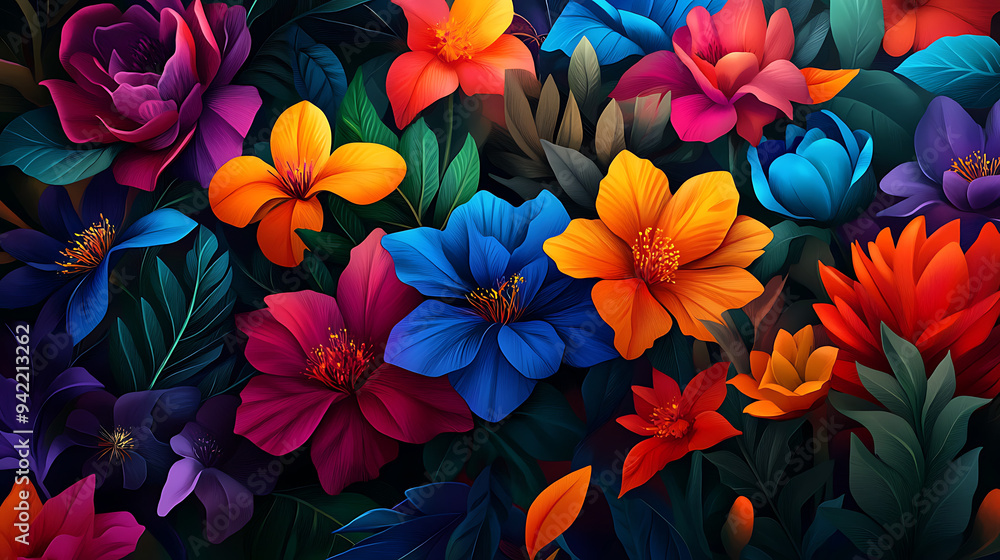 Vibrant abstract floral pattern with a variety of bright colors. Perfect for backgrounds, prints, and designs. Vibrant abstract floral pattern with a variety of bright colors. Perfect for backgrounds, prints, and designs.