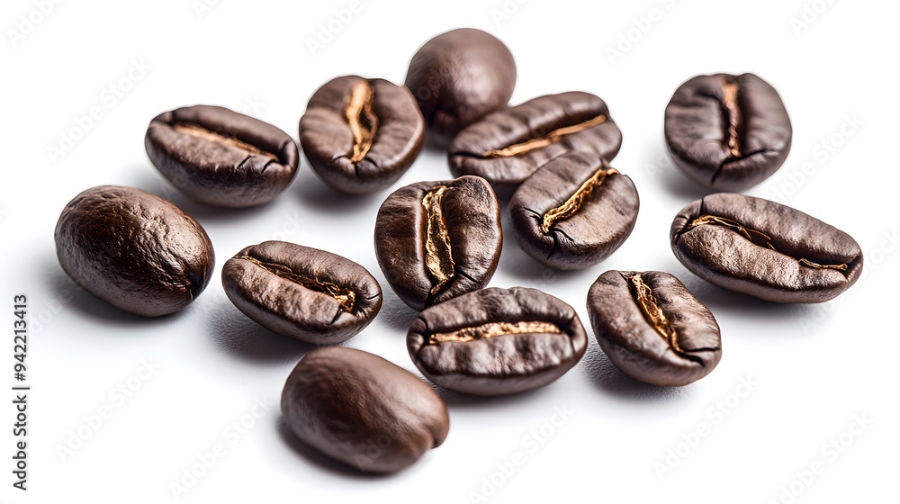 Group of shiny roasted coffee beans displayed on a smooth white background Group of shiny roasted coffee beans displayed on a smooth white background