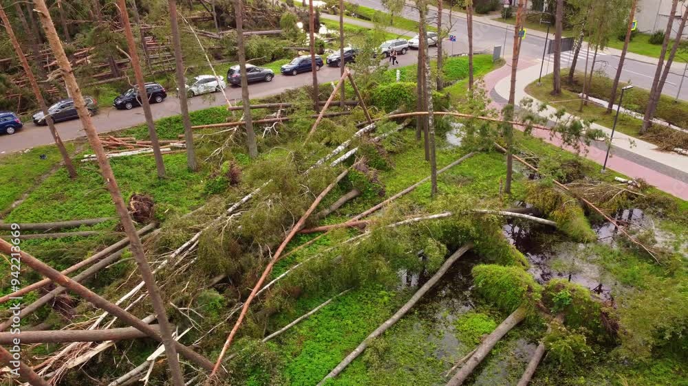 Storm-damaged trees fallen near a road in Jurmala, Latvia residential area Storm-damaged trees fallen near a road in Jurmala, Latvia residential area