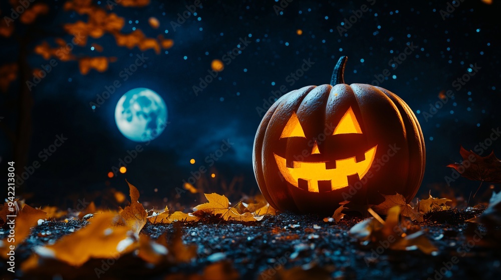 A jack-o-lantern sitting on the ground in front of a full moon A jack-o-lantern sitting on the ground in front of a full moon