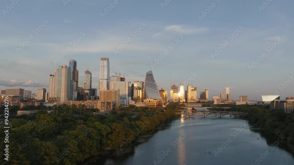 Wide angle sunset shot of downtown Austin with lake Austin in view. Wide angle sunset shot of downtown Austin with lake Austin in view.