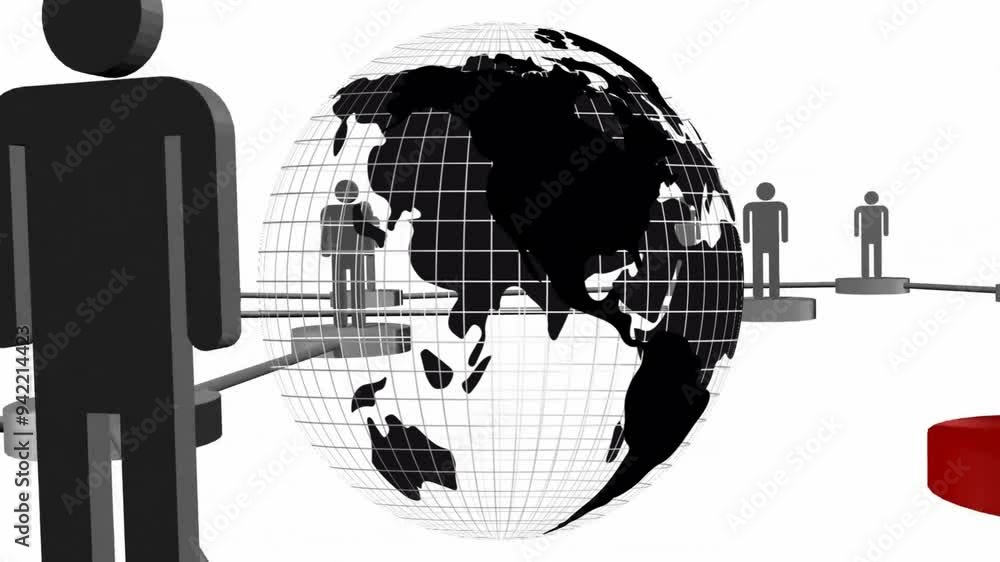 Rotating globe with grid lines, silhouettes of people, showing global communication Rotating globe with grid lines, silhouettes of people, showing global communication