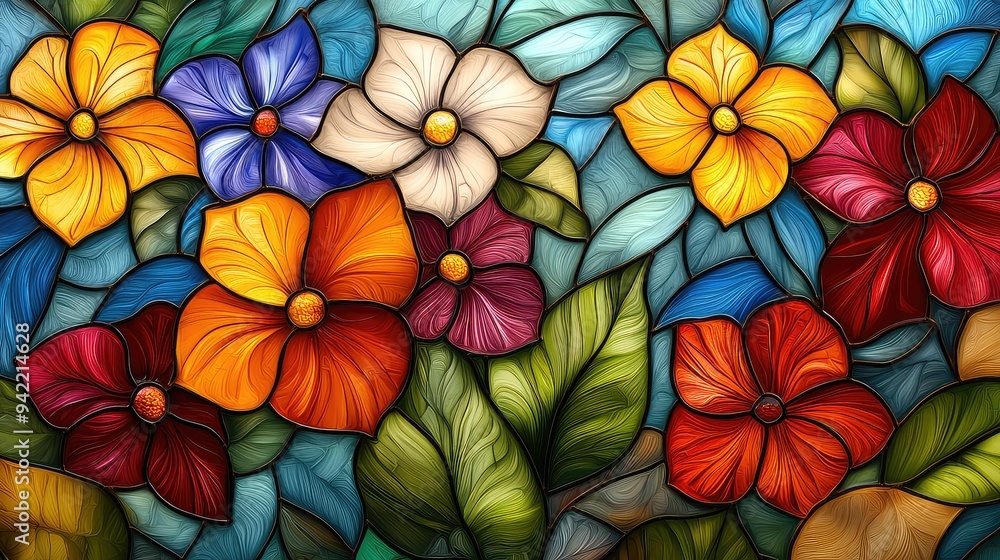 Vibrant Stained Glass Window Background Featuring a Colorful Abstract Design of Flowers and Leaves, Perfect for Artistic and Decorative Uses in Various Creative Projects Vibrant Stained Glass Window Background Featuring a Colorful Abstract Design of Flowers and Leaves, Perfect for Artistic and Decorative Uses in Various Creative Projects