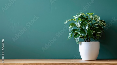 A single potted plant with green leaves in a white pot sits on a wooden shelf against a teal wall.