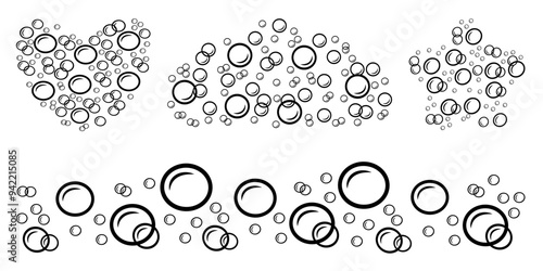 Water doodle bubbles of different shapes. Foam in the shape of heart and star.