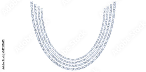 Multilayer Trendy Silver Chains On White Background, Unique Fine Jewelry Neck Design Vector Illustration.	
