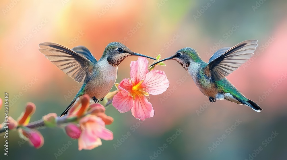 Two Vibrant Hummingbirds Delicately Feeding on a Pink Flower in a Lush Garden Setting, Capturing the Beauty and Grace of Nature in Motion Two Vibrant Hummingbirds Delicately Feeding on a Pink Flower in a Lush Garden Setting, Capturing the Beauty and Grace of Nature in Motion
