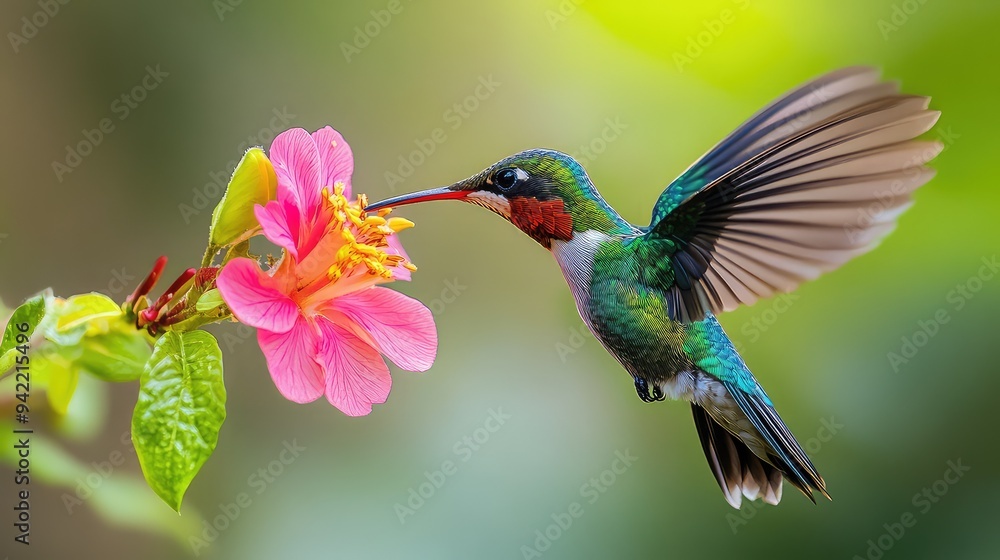 Vibrant Hummingbird Delicately Feeding on a Pink Flower in a Lush Garden Setting, Capturing the Beauty and Grace of Nature in Motion Vibrant Hummingbird Delicately Feeding on a Pink Flower in a Lush Garden Setting, Capturing the Beauty and Grace of Nature in Motion