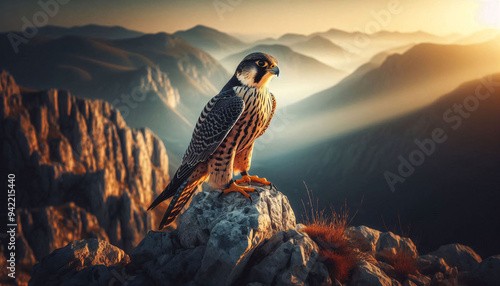 3d portrait of Falcon perched on a rocky cliff. Generative AI. photo