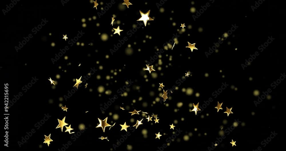 Golden stars and glowing particles moving on black background Golden stars and glowing particles moving on black background