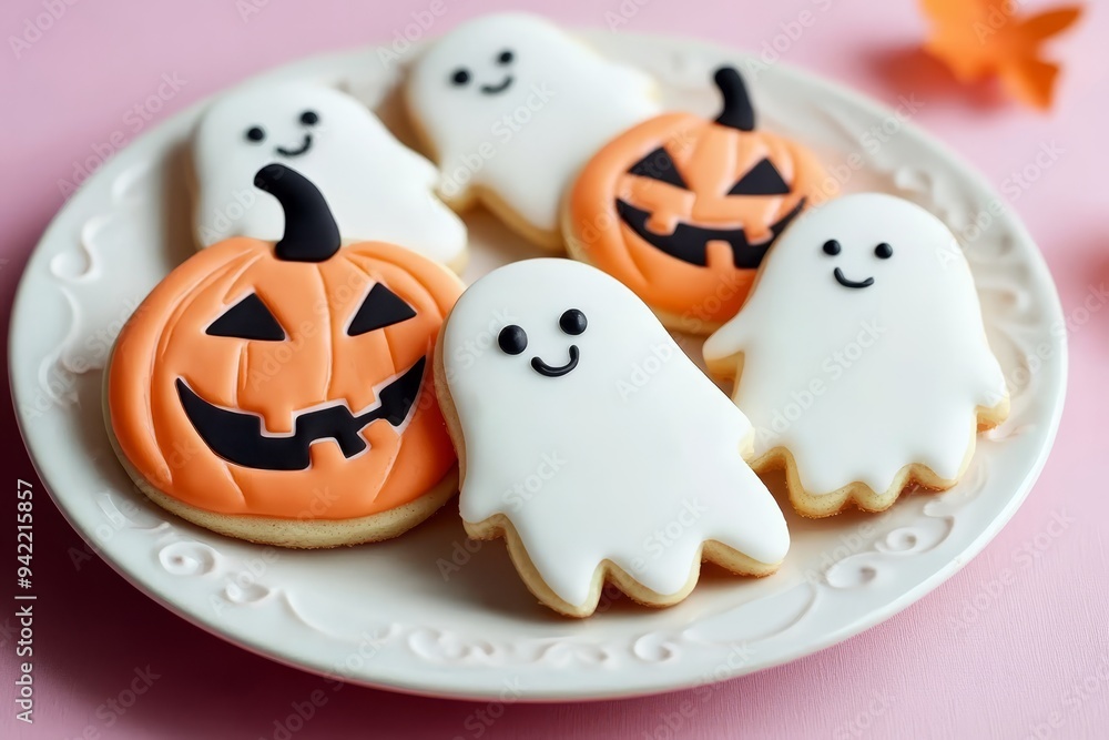A stylish arrangement of pastel sugar cookies shaped like friendly ghosts and playful pumpkins on a white plate adds a festive touch to any Halloween gathering. A stylish arrangement of pastel sugar cookies shaped like friendly ghosts and playful pumpkins on a white plate adds a festive touch to any Halloween gathering.