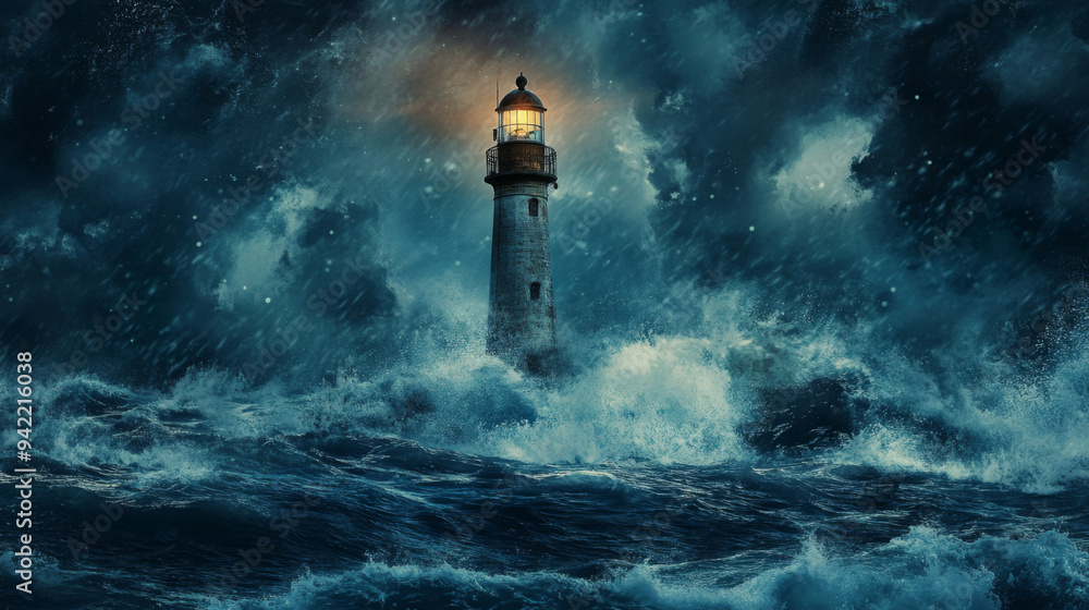 A lighthouse is in the middle of a stormy sea A lighthouse is in the middle of a stormy sea