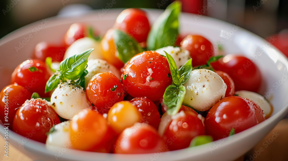 tomato mozzarella salad in a white bowl with basil tomato mozzarella salad in a white bowl with basil
