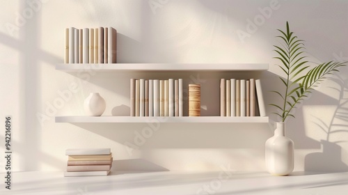 White bookshelf with books, vase and plant in a minimalist interior.