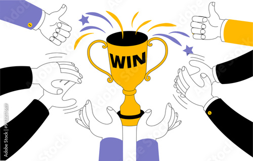 The hands of different people hold the victory cup. Vector illustration of success in work.