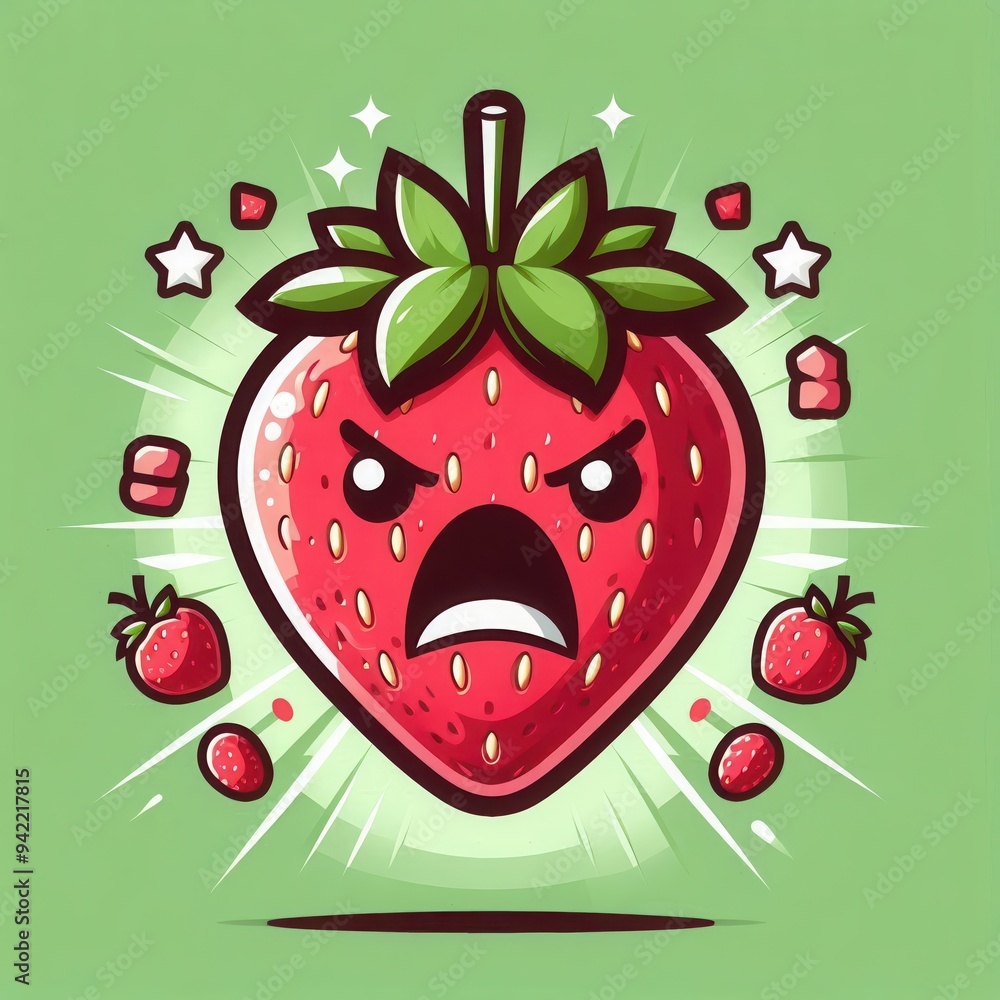 Obraz premium A fun and vibrant cartoon illustration of an angry strawberry, perfect for food-related graphics, children's products, or playful branding.