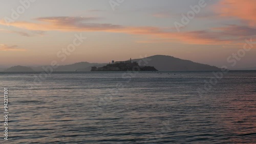 Slow motion landscape of mountain of Alcatraz Island bay area San Francisco city afternoon sunset prison cell jail tourism travel California USA America museum block haunted attraction