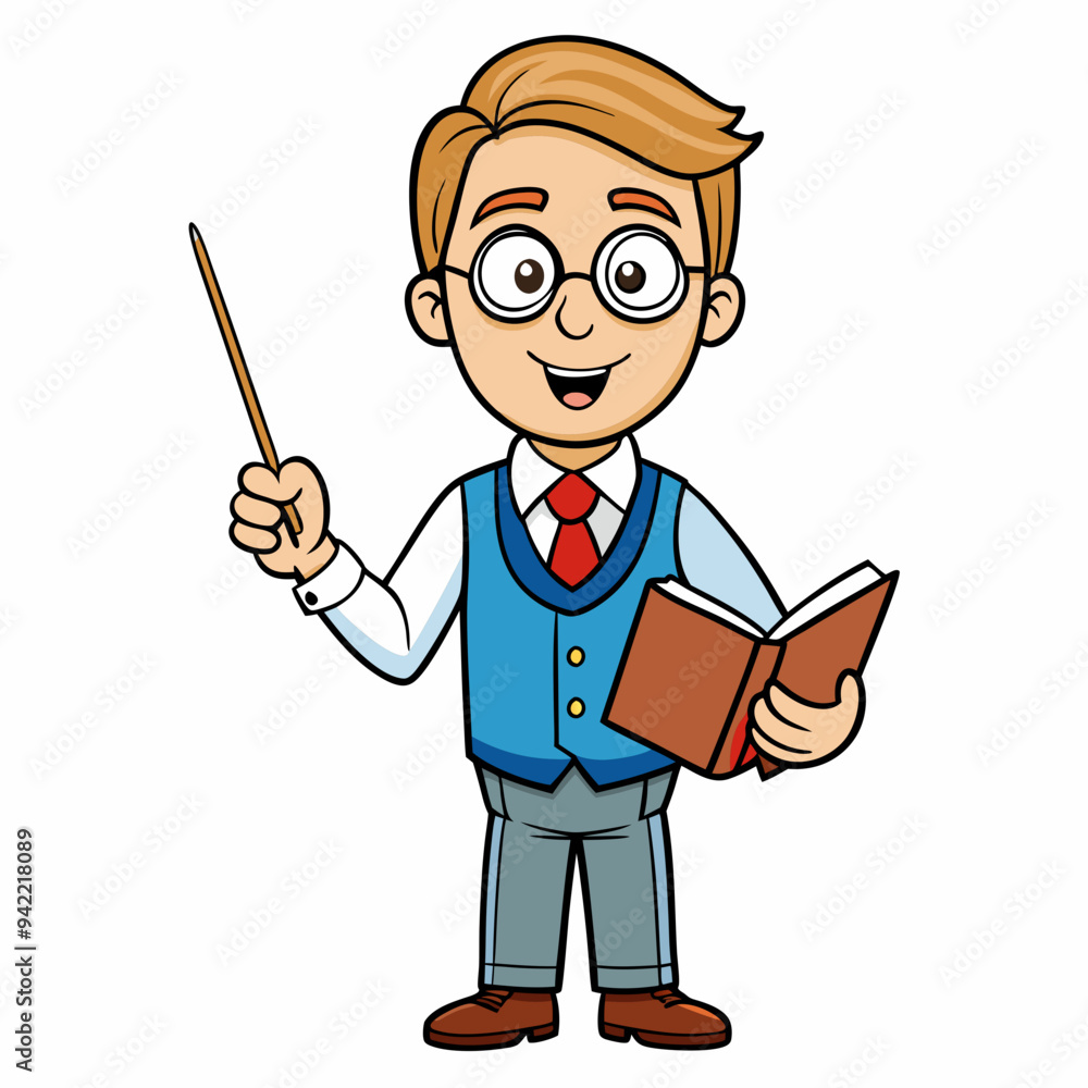 teacher with glasses is holding a book in one hand and pointing with a stick in the other teacher with glasses is holding a book in one hand and pointing with a stick in the other