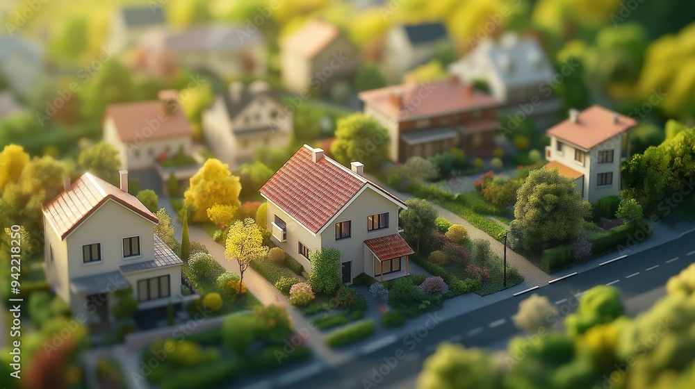Aerial view of a serene suburban neighborhood with houses and greenery. Aerial view of a serene suburban neighborhood with houses and greenery.
