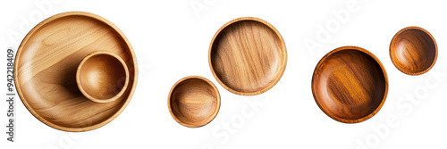Set of A minimalist wooden plate and bowl set isolated on transparent background