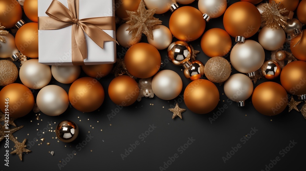 Christmas background with balls and gift box with top view Christmas background with balls and gift box with top view
