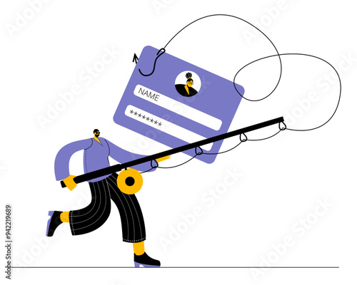 A hacker in a dark hood with a fishing rod catches user passwords on a hook from a mobile phone. Concept of a vector illustration on the topic of cybercrime and phishing attacks.