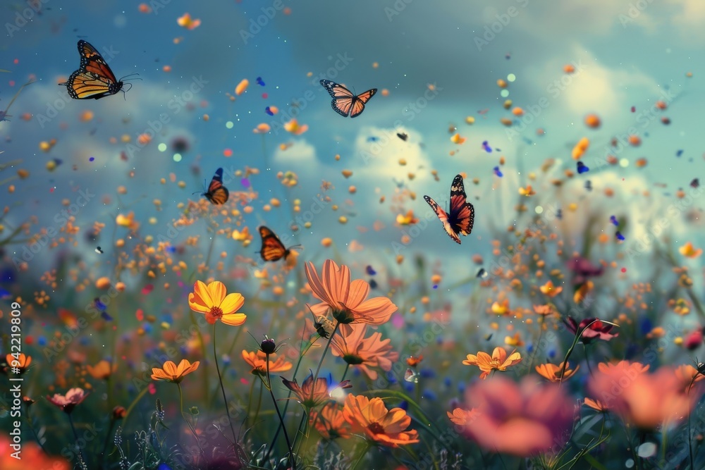 A field of flowers with butterflies flying around, generative ai image A field of flowers with butterflies flying around, generative ai image