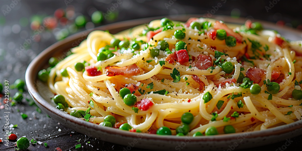 Pea and Bacon Pasta with green peas, crispy bacon, garlic, shallots, and Parmesan cheese. Pea and Bacon Pasta with green peas, crispy bacon, garlic, shallots, and Parmesan cheese.