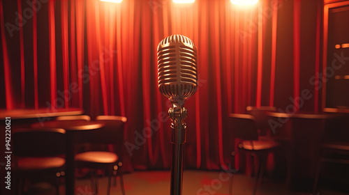 The image shows a vintage-style microphone on a stand positioned centrally in the frame. The background features a dimly-lit setting with deep red curtains, and the illumination highlights the microph