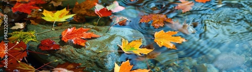 Colorful autumn leaves floating on clear water, creating a serene and picturesque scene in nature.