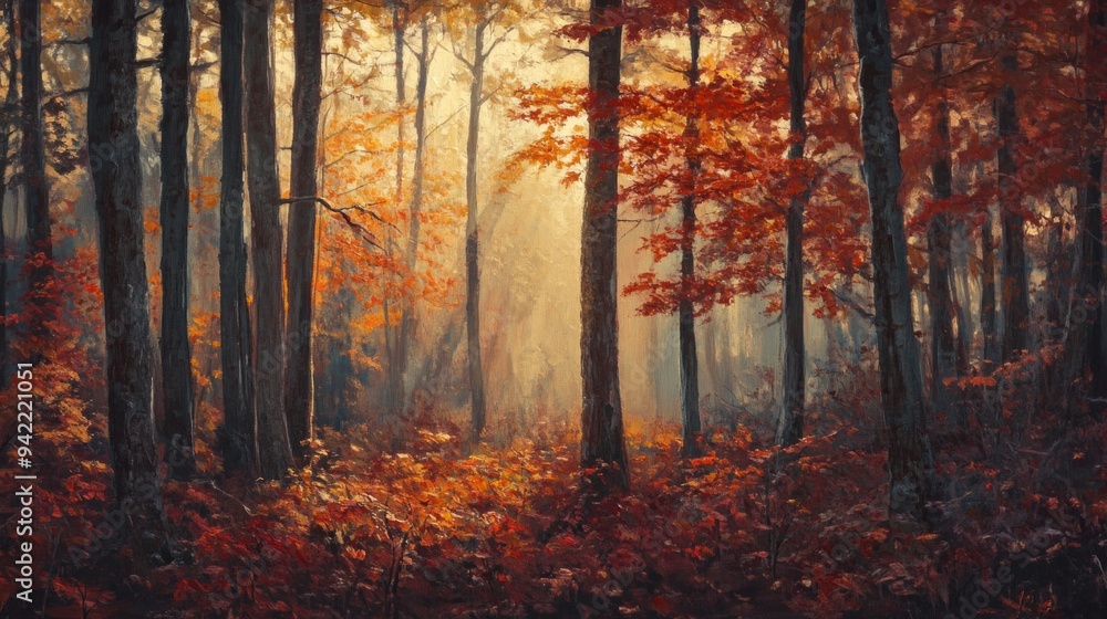 A beautiful autumn forest scene with vibrant orange leaves. Sunlight filters through the trees, creating a warm and inviting atmosphere. Ideal for nature lovers and home decor. AI A beautiful autumn forest scene with vibrant orange leaves. Sunlight filters through the trees, creating a warm and inviting atmosphere. Ideal for nature lovers and home decor. AI