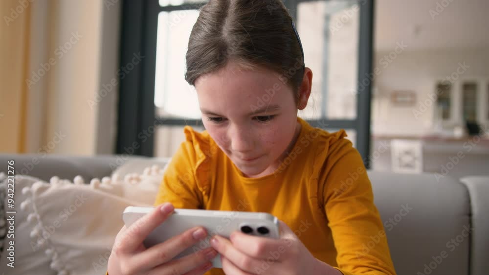 Happy smiling Caucasian child girl carefree daughter playing mobile phone smartphone virtual game online using gaming app at home curious little kid typing screen Internet cyberspace. Gadget addiction Happy smiling Caucasian child girl carefree daughter playing mobile phone smartphone virtual game online using gaming app at home curious little kid typing screen Internet cyberspace. Gadget addiction