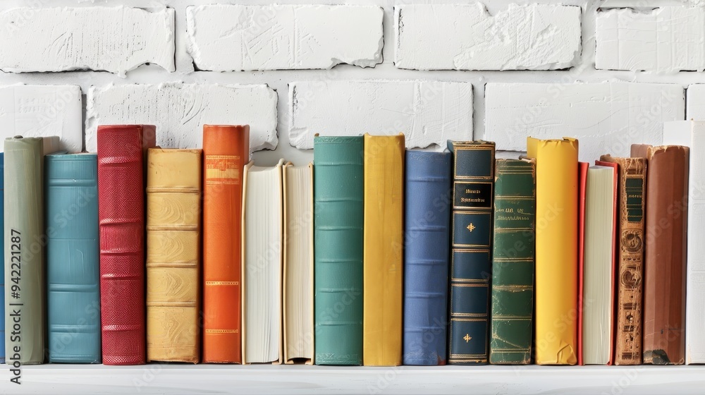 Naklejka premium Colorful hardcover books on a shelf against a white brick wall, perfect for book lovers and home library enthusiasts.