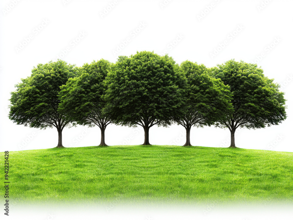 A row of five trees are standing in a grassy field A row of five trees are standing in a grassy field
