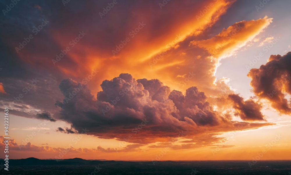 Naklejka premium Beautiful Bright Orange Sky with Clouds at Sunset Over a City