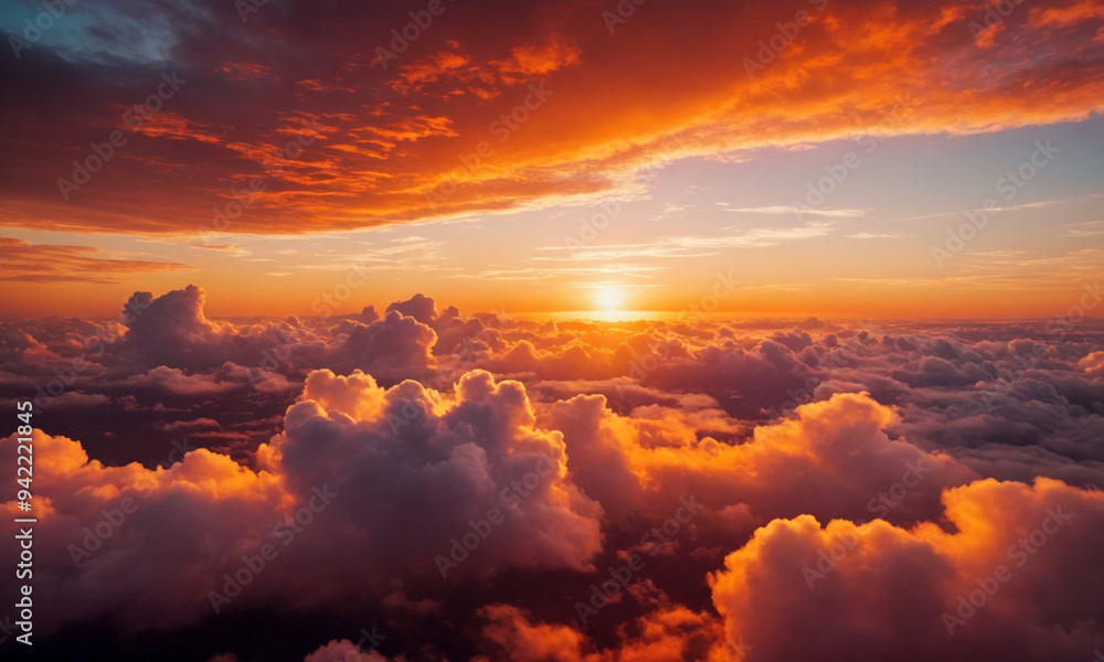Beautiful Bright Orange Sky with Fluffy Clouds at Sunset Beautiful Bright Orange Sky with Fluffy Clouds at Sunset