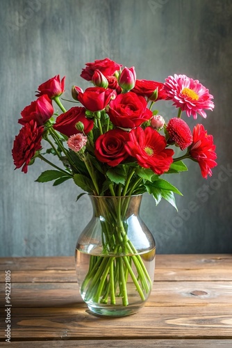 Wallpaper Mural Realistic illustration of red flowers bouquet in a glass vase, 3d composition. Copy space Torontodigital.ca