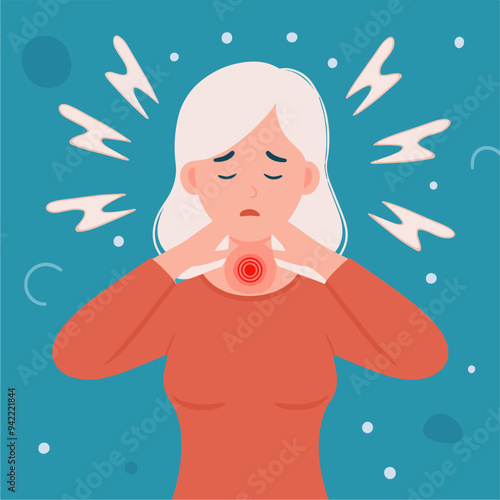 Flat Vector Style Image of a lady with neck pain, her hands are on her neck